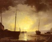 雷米鸠斯 凡 翰恩 : Beached Fishing Boats by Moonlight